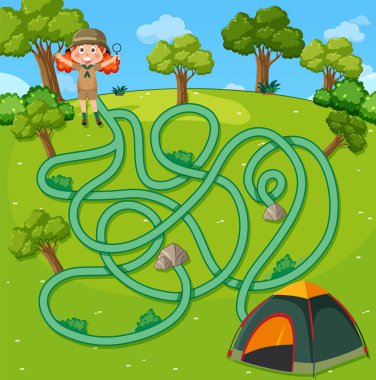 Maze game template in camping theme for kids illustration clipart