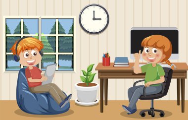 Ev illüstrasyonunda online öğrenen çocuklar