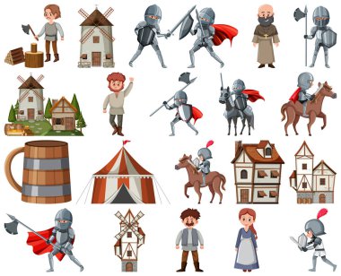 Medieval cartoon characters and objects illustration