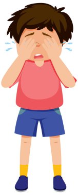 Ağlayan yüz ifadesiyle duran bir çocuk.