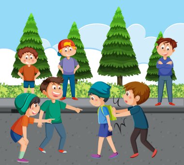 Okuldaki arkadaşlarına zorbalık eden çocuklar.