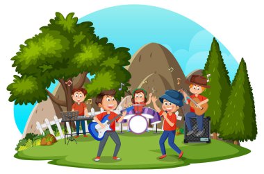 Park illüstrasyonunda müzik çalan çocuklar