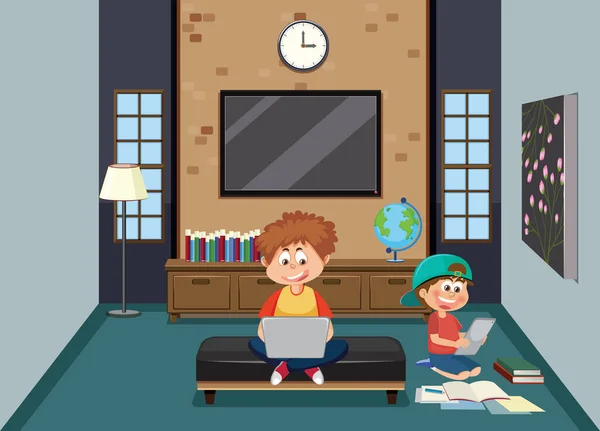 Gyerekek Tanulás Online Otthon Illusztráció — Stock Vector
