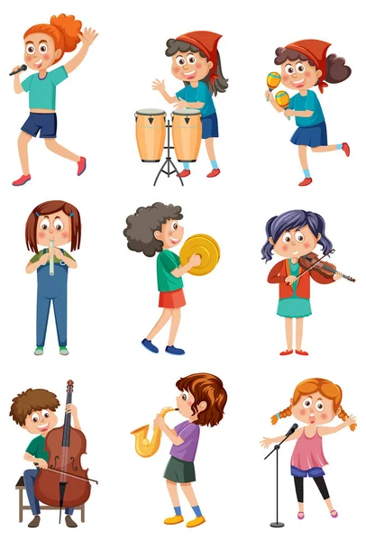 Set Dari Anak Anak Yang Berbeda Bermain Musik Ilustrasi - Stok Vektor
