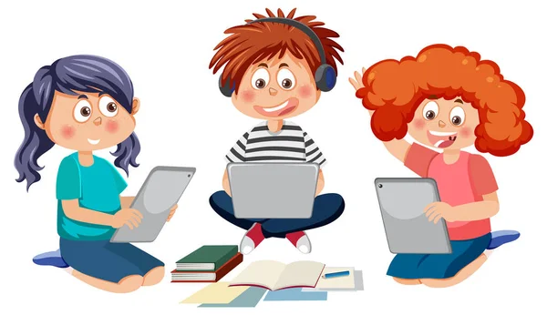 Kinder Mit Laptop Zeichentrickfigur Illustration — Stockvektor