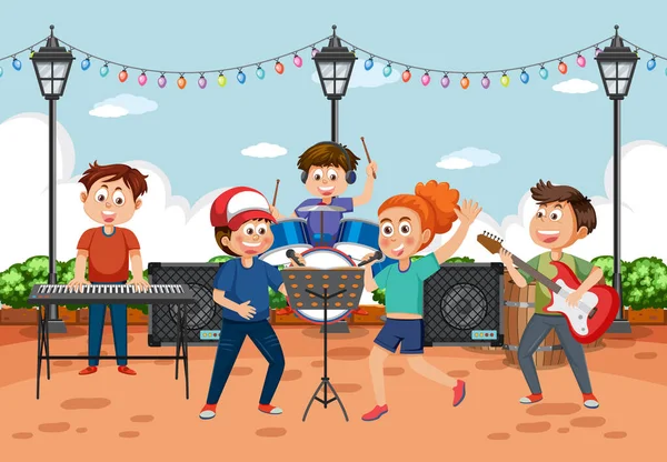 Crianças Banda Música Tocando Parque Ilustração — Vetor de Stock