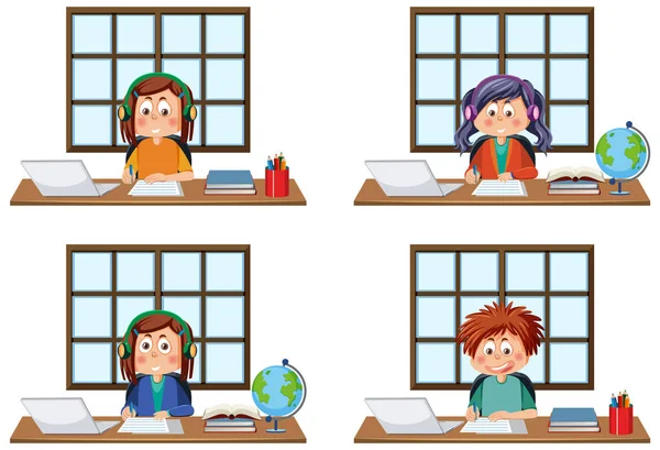 Conjunto Crianças Diferentes Usando Ilustração Laptop —  Vetores de Stock
