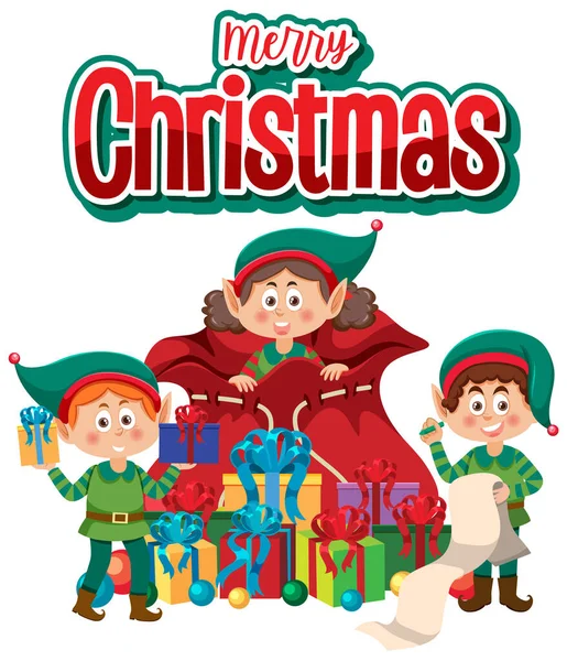 Frohe Weihnachten Text Mit Elfen Zeichentrickfigur Illustration — Stockvektor