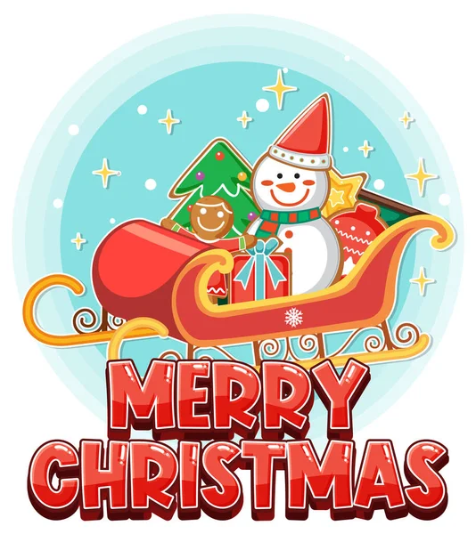 stock vector Merry Christmas text with snowman on sleigh illustration