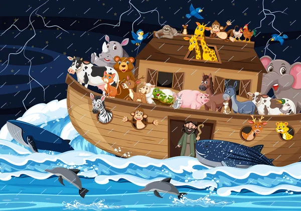 Ocean Scene Noah Ark Animals Illustration — Stock Vector