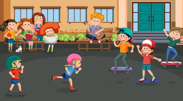 Kinder Spielen Skateboards Cartoon Illustration — Stockvektor