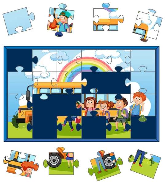 School Kids Photo Jigsaw Puzzle Game Illustration — ストックベクタ
