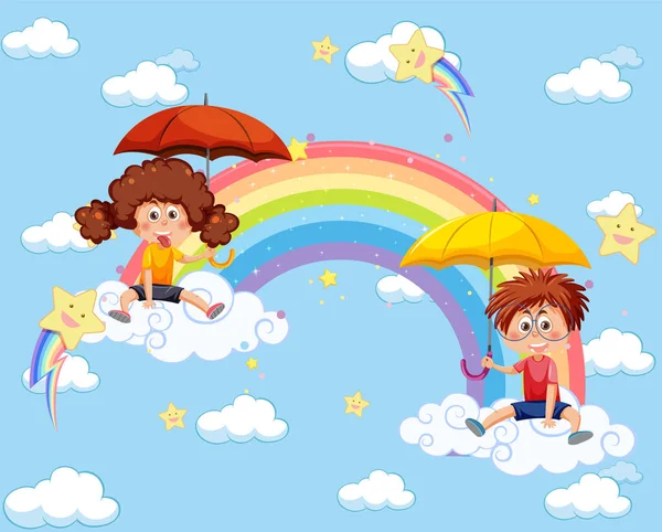 Glückliche Kinder Himmel Mit Regenbogen Illustration — Stockvektor