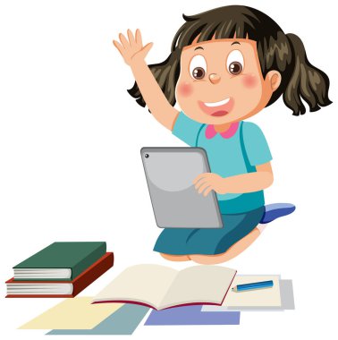 A girl using tablet for learning online illustration