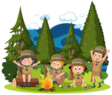 Children camping out at the forest illustration