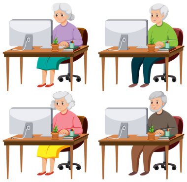 Bilgisayar illüstrasyonunun önünde oturan yaşlılar