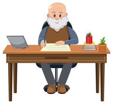 Yaşlı adam dizüstü bilgisayarın önünde oturuyor.