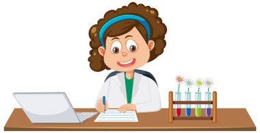 Bilim deneyi illüstrasyonuna not alan öğrenci