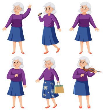 Yaşlı kadın çizgi film karakterleri resimleme seti