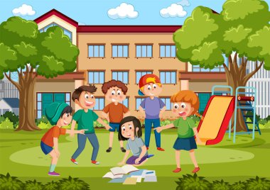 Okuldaki arkadaşlarına zorbalık eden çocuklar.