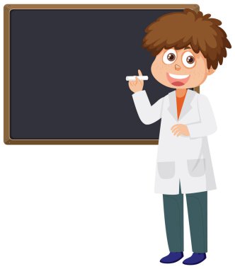 Boş karatahta çizimi olan sevimli bilim adamı çizgi film karakteri