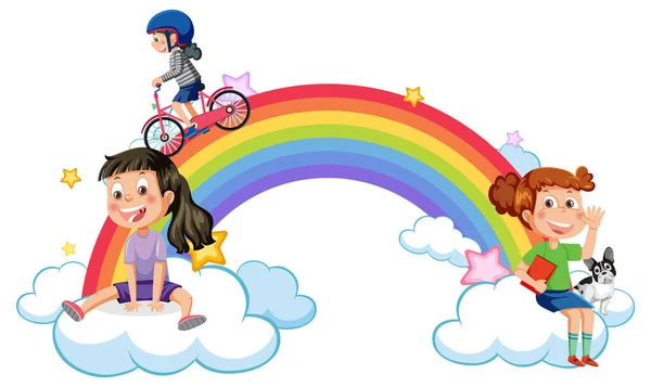 Gelukkige Kinderen Met Regenboog Illustratie — Stockvector