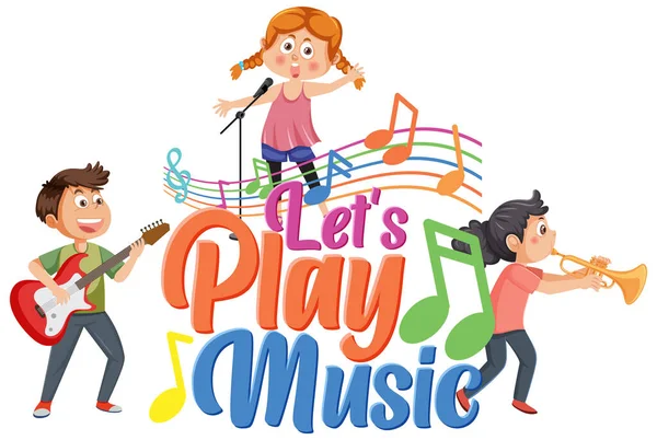 Laten Muziek Spelen Tekst Met Kinderen Spelen Muziekinstrument Illustratie — Stockvector