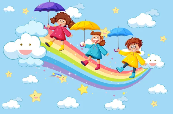 Niños Felices Cielo Con Ilustración Arco Iris — Archivo Imágenes Vectoriales