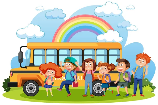 School Bus Students Cartoon Illustration — ストックベクタ