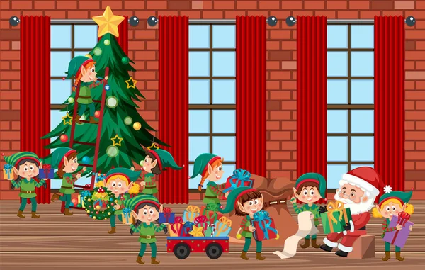 Elfen Maken Kerstcadeaus Illustratie — Stockvector