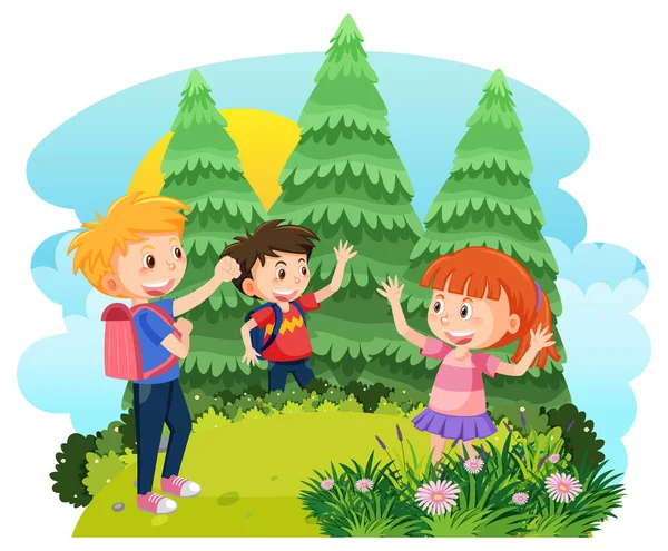 Happy Children Enjoying Outdoor Yard Illustration — ストックベクタ