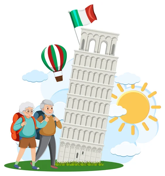 Casal Sênior Viagem Pisa Torre Itália Ilustração — Vetor de Stock