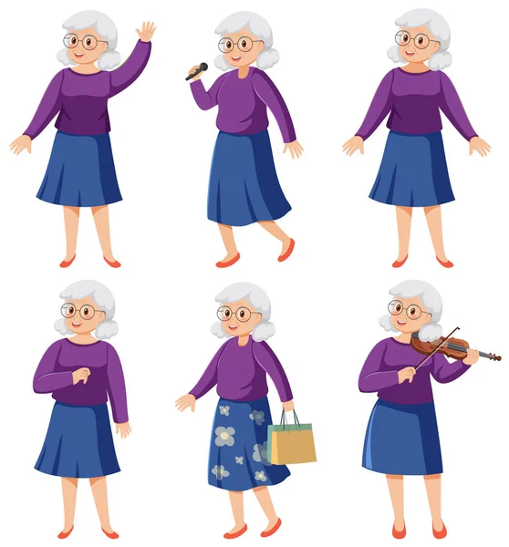 Donna Anziana Personaggi Dei Cartoni Animati Set Illustrazione — Vettoriale Stock