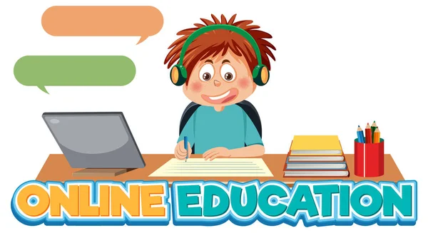 Online Bildungswort Mit Einem Jungen Bei Hausaufgaben Illustration — Stockvektor