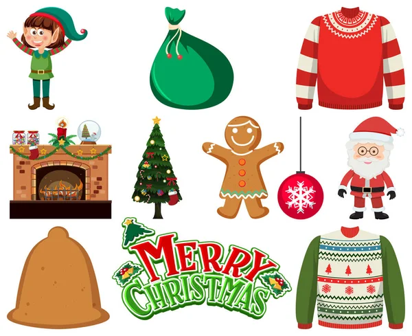 クリスマスキャラクターと要素セットイラスト — ストックベクタ