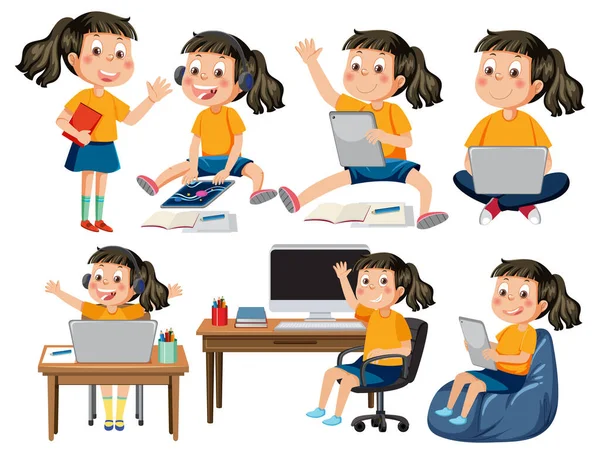 Set Bambini Utilizzando Tablet Laptop Illustrazione — Vettoriale Stock