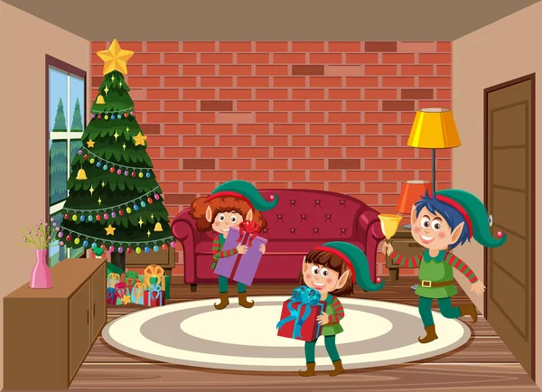 Weihnachtselfen Kinder Der Zimmerszene — Stockvektor
