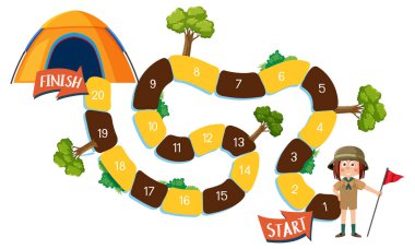 Çocuk illüstrasyonu için kamp temasında labirent oyun şablonu