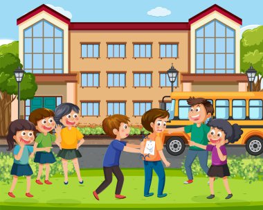 Okuldaki arkadaşlarına zorbalık eden çocuklar.