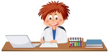 Bilim deneyi illüstrasyonuna not alan öğrenci