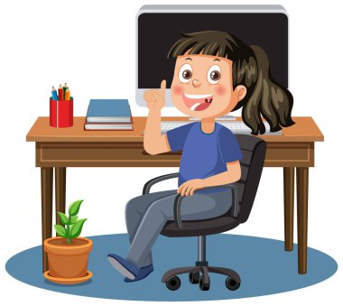 İnternette bilgisayar illüstrasyonuyla çalışan bir kız