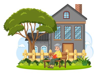 Bahçe illüstrasyonunda dinlenen son sınıf öğrencisi.