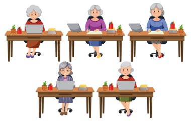 Bilgisayar illüstrasyonunun önünde oturan yaşlı kadın