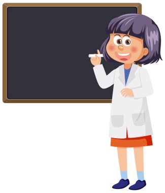 Boş karatahta çizimi olan sevimli bilim adamı çizgi film karakteri