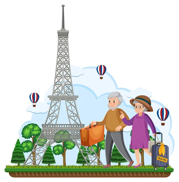 Voyages Couple Personnes Âgées Paris Illustration — Image vectorielle