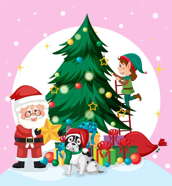 Árbol Navidad Con Elfos Ilustración Personajes Dibujos Animados — Vector de stock