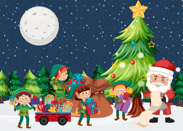 Santa Claus Elfos Regalo Entrega Para Ilustración Navidad — Vector de stock