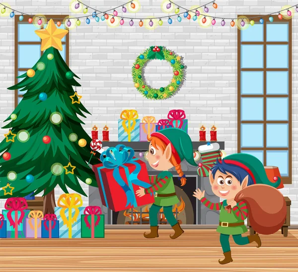Weihnachtselfen Kinder Der Zimmerszene — Stockvektor