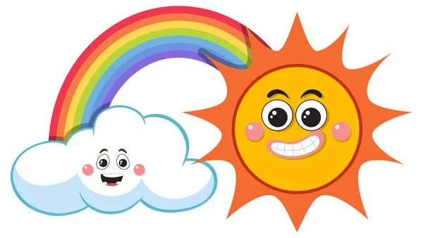 Regenboog Wolk Zon Met Schattige Gezicht Illustratie — Stockvector
