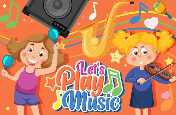 Laat Muziek Tekst Spelen Met Kinderen Cartoon Illustratie — Stockvector